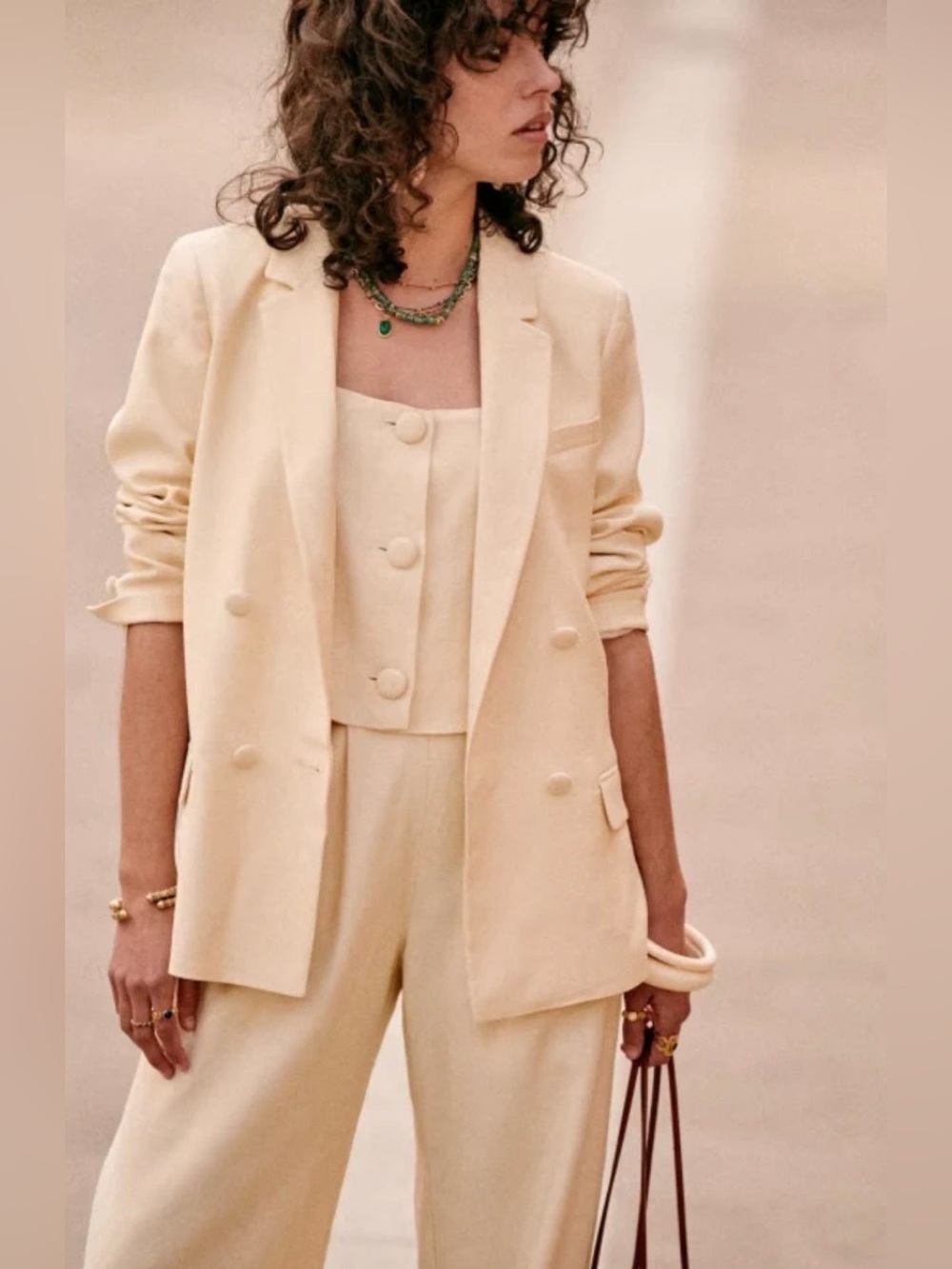 Sezane Cream Double-Breasted Blazer